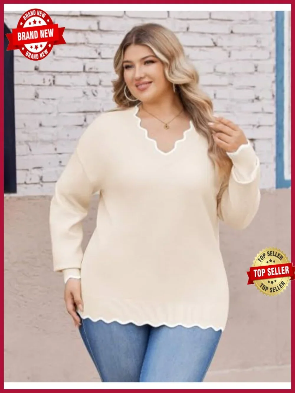 Plus Size V-Neck Sweater Long Sleeve Lightweight Knit Pullover